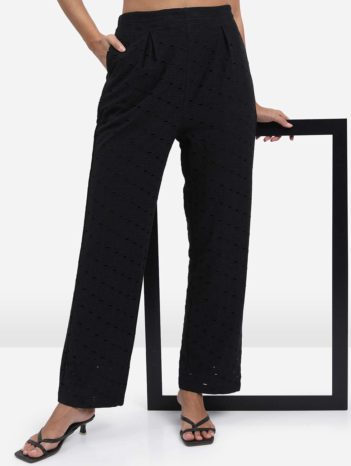 women black cotton blend wide leg trouser
