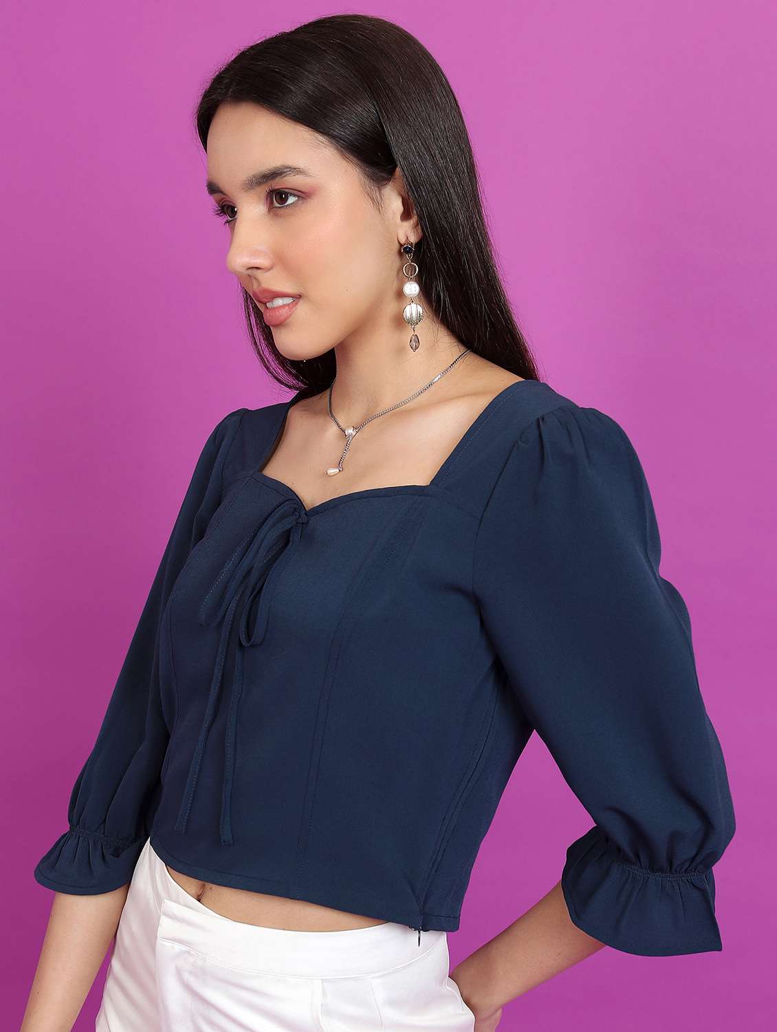navy blue solid blouson top - 21376246 -  Standard Image - 1