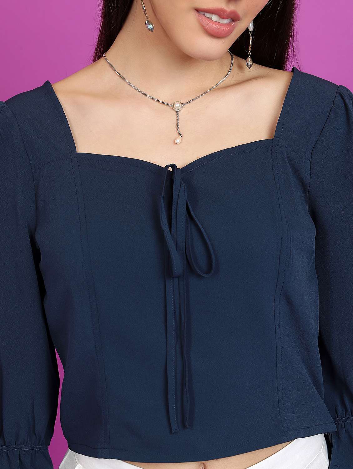navy blue solid blouson top - 21376246 -  Standard Image - 4