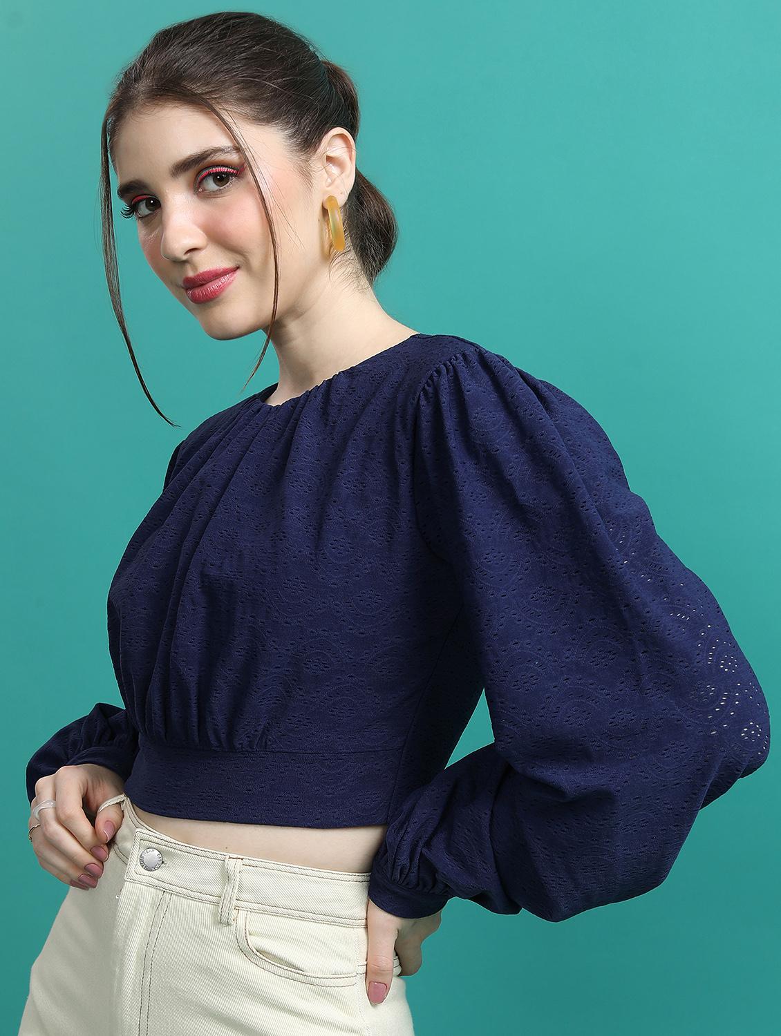 navy blue schiffli crop top - 21376252 - Standard Image - 1