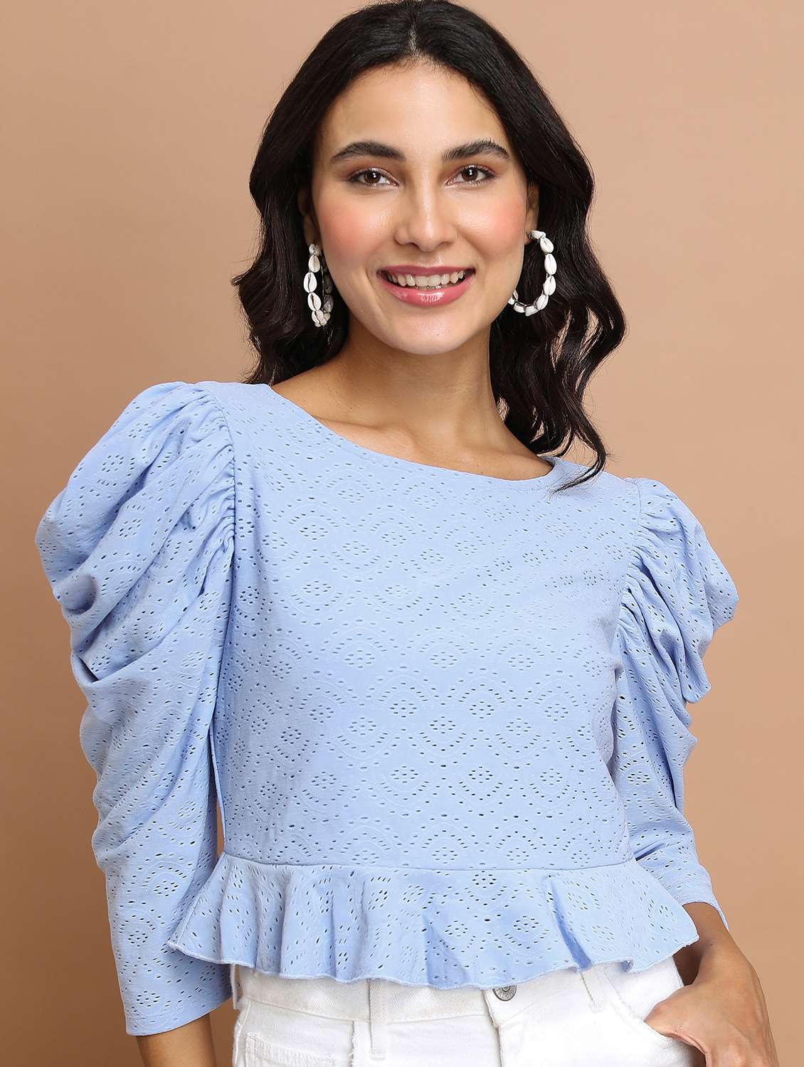 light blue schiffli peplum top