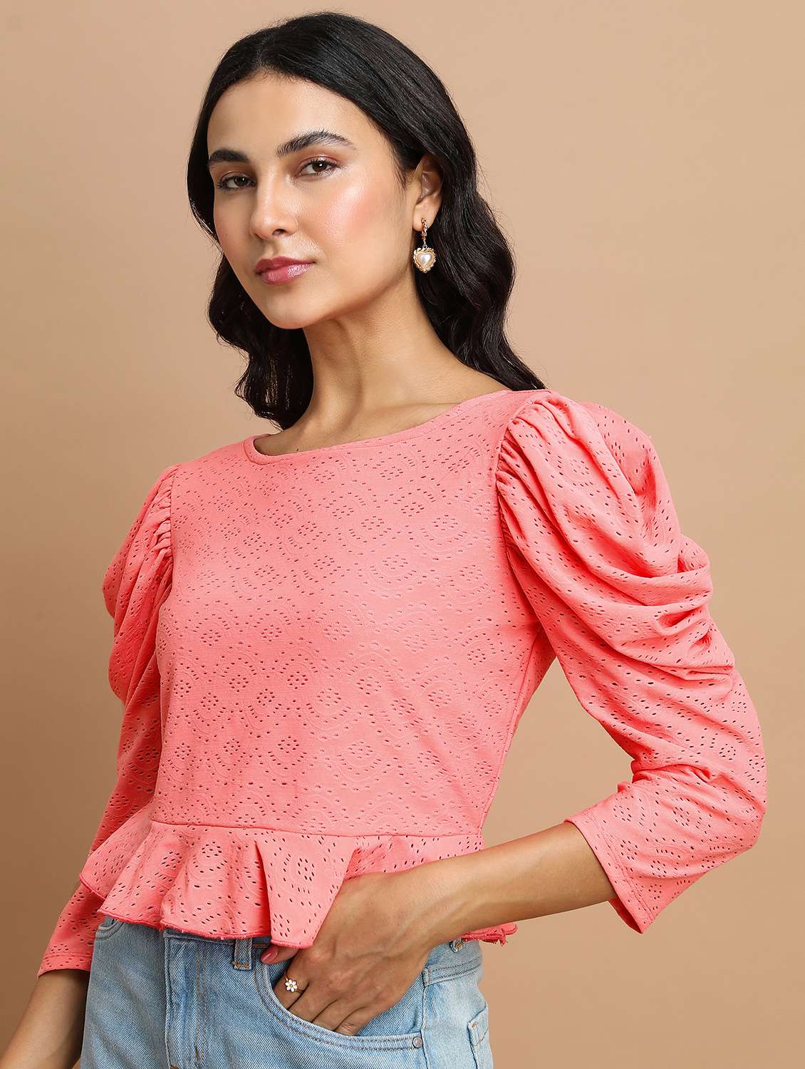 women coral cotton blend peplum top - 21376256 -  Standard Image - 1