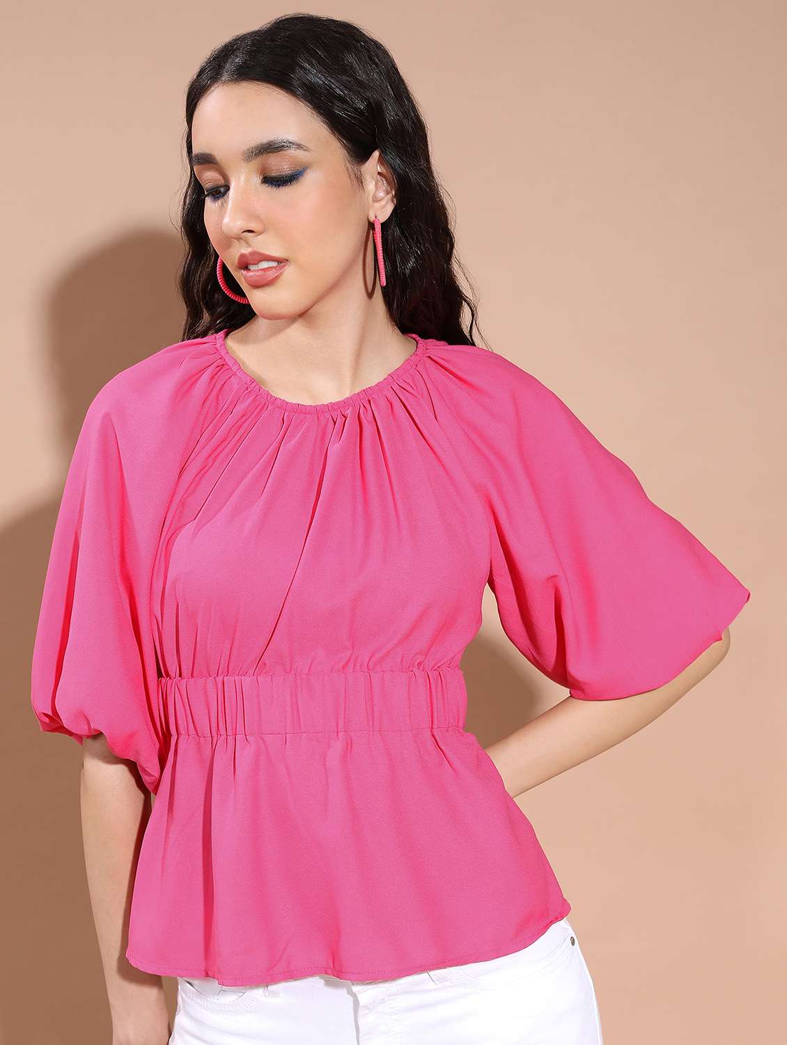 women pink cotton blend peplum top