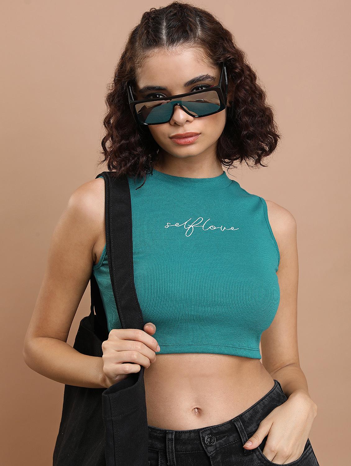 women chest print cotton crop top - 21376281 - Standard Image - 1