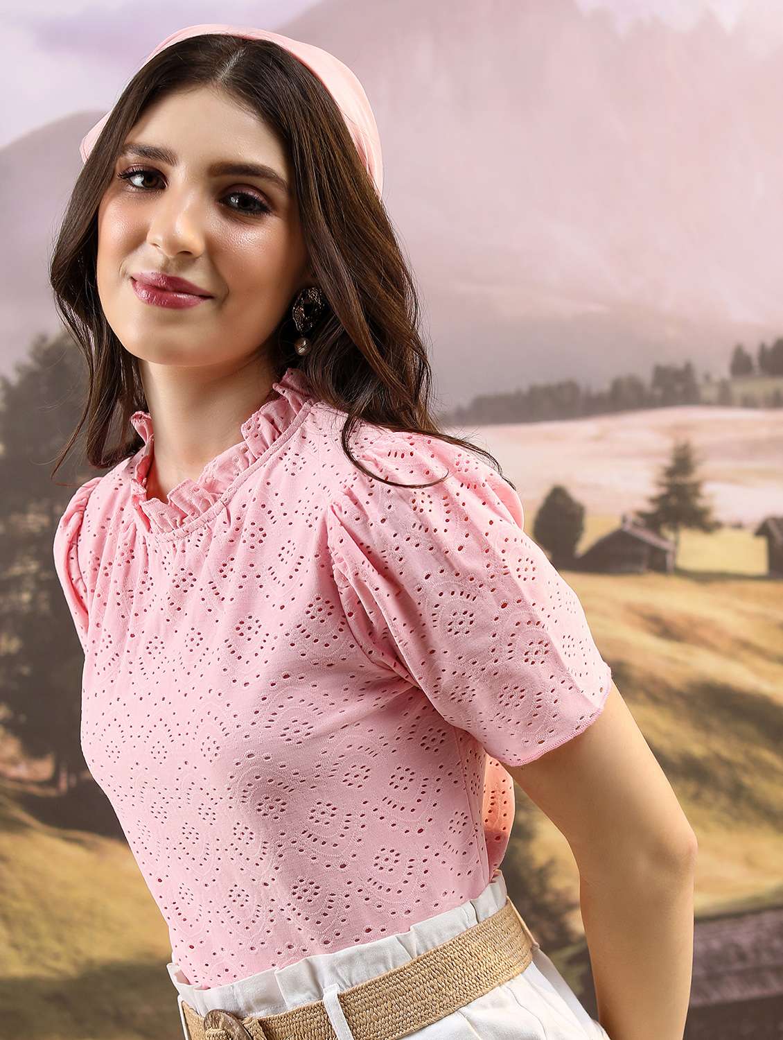 women pink cotton blend regular top - 21376305 - Standard Image - 1