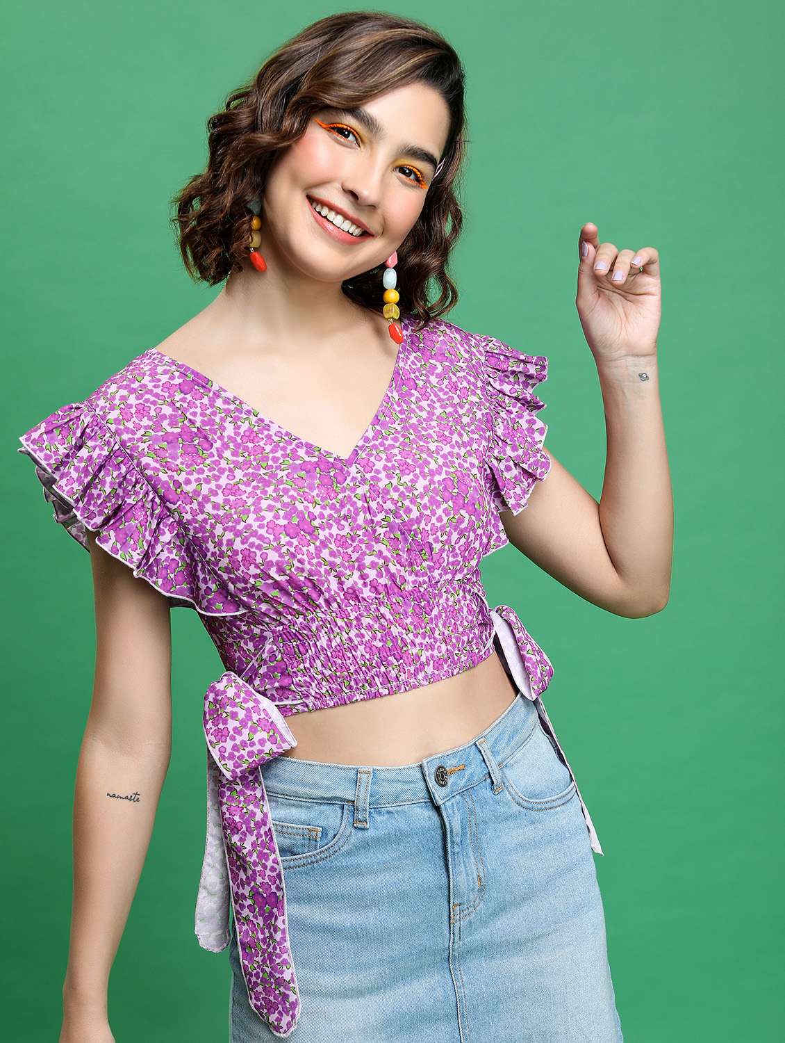 women purple cotton blend crop top