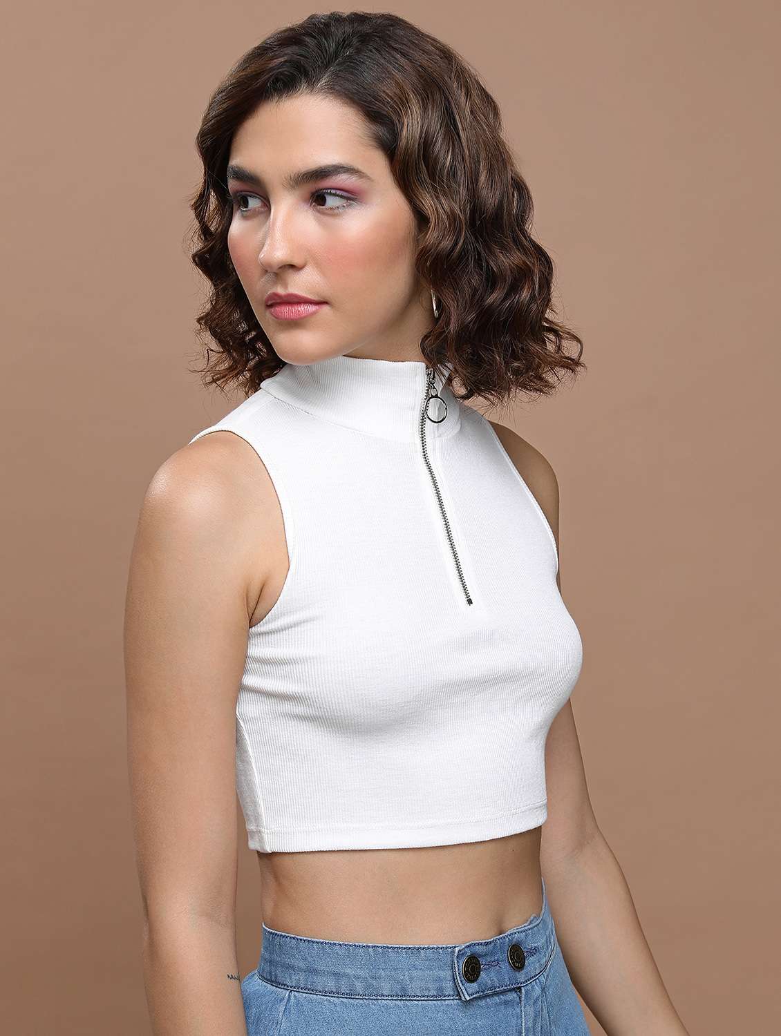 women white cotton blend crop top - 21376316 -  Standard Image - 1