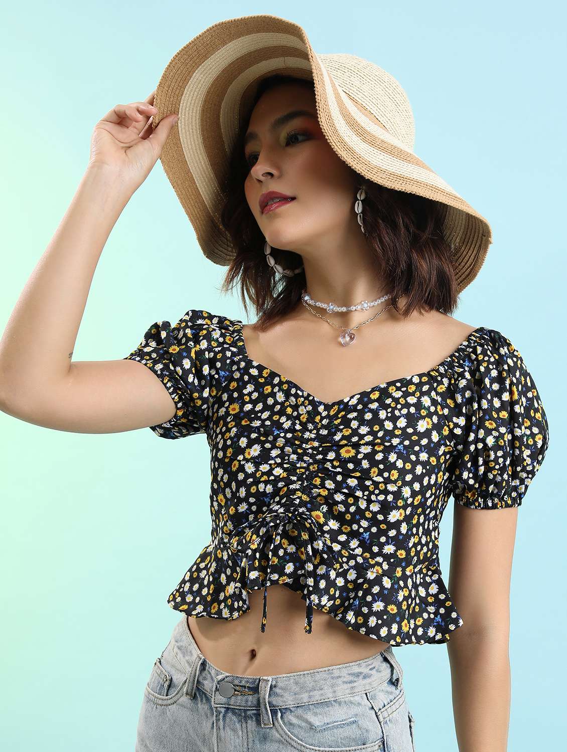 women black cotton blend crop top