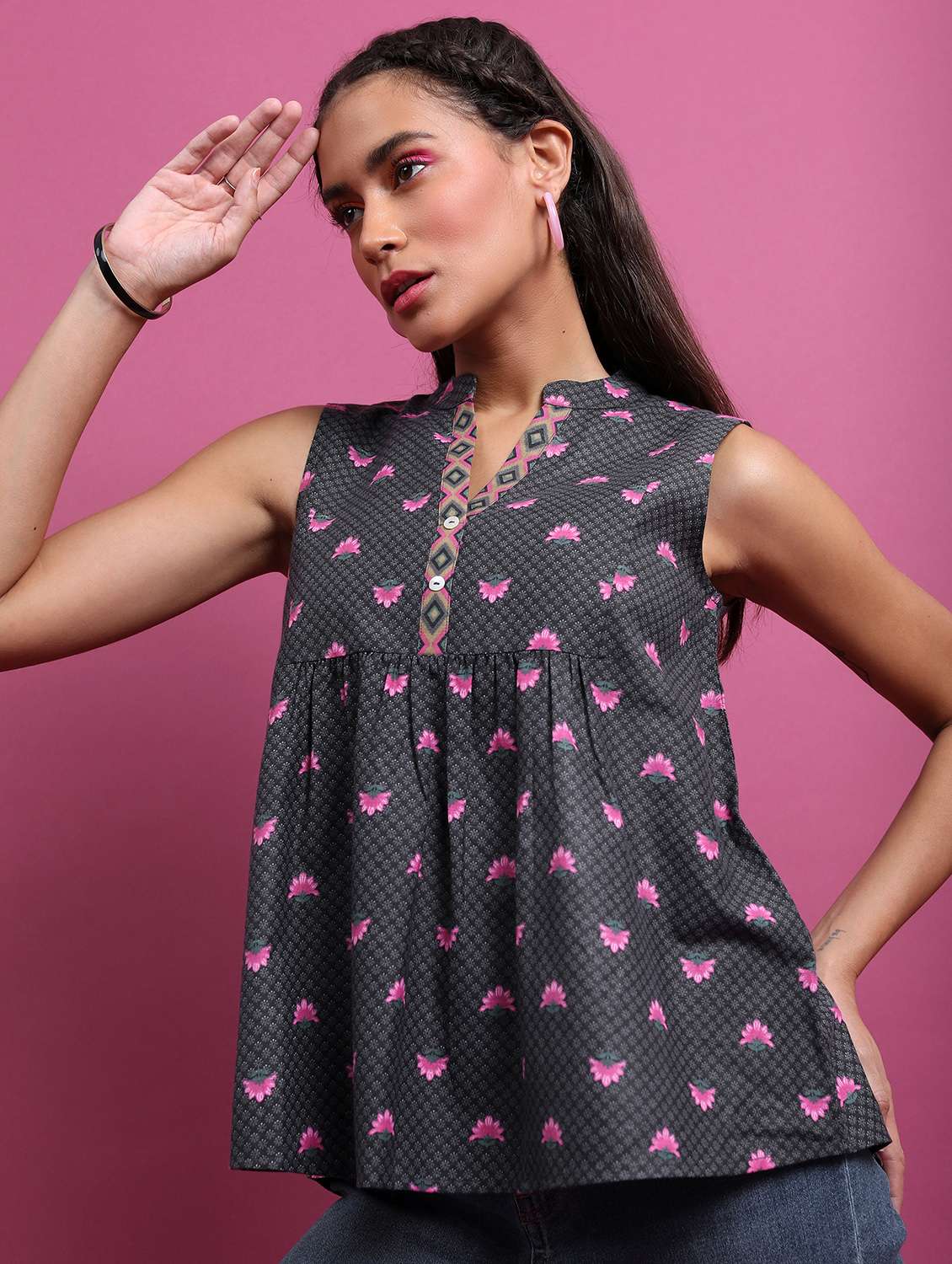 women black cotton blend peplum top - 21376395 -  Standard Image - 1