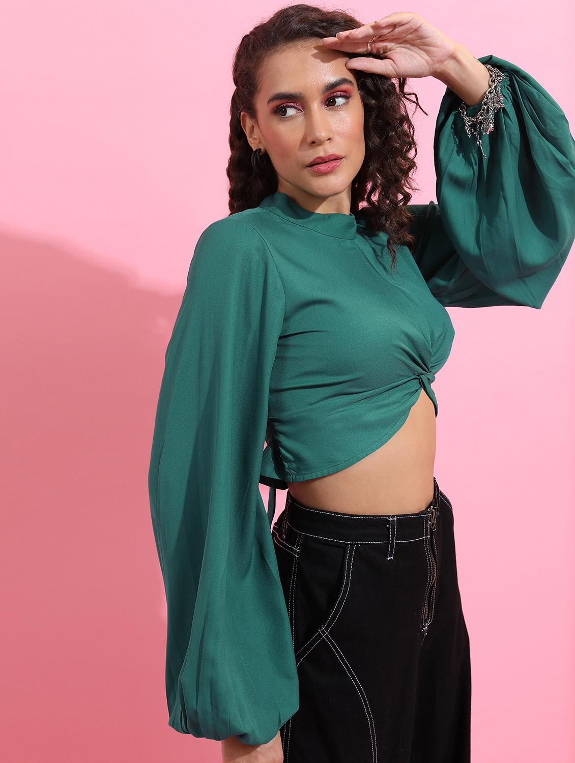 women green cotton blend crop top - 21376401 - Standard Image - 1