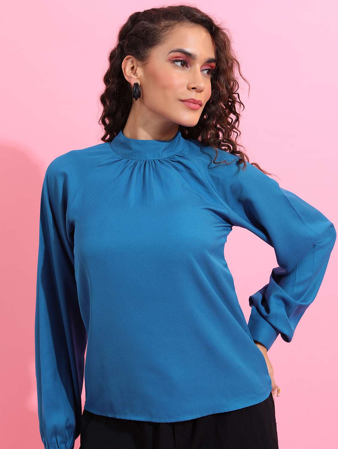 women blue cotton blend regular top