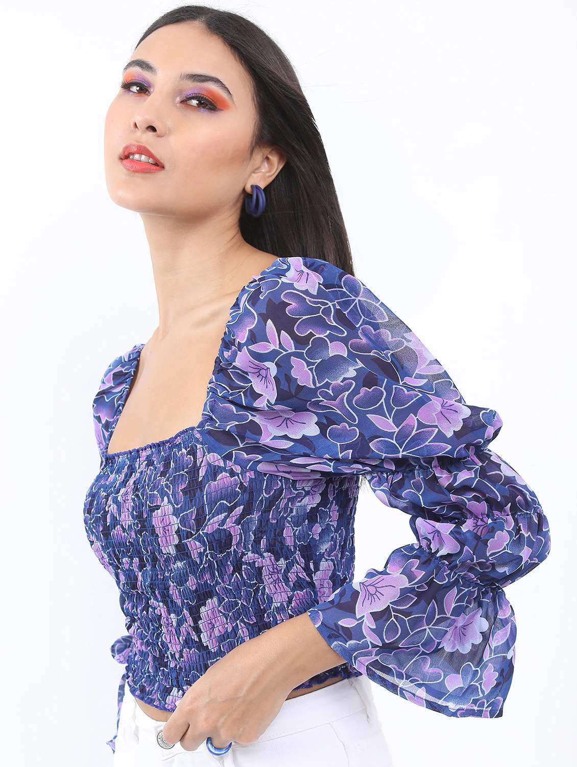 women blue cotton blend crop top