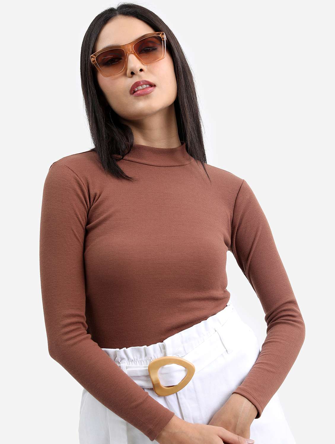 women brown cotton blend regular top