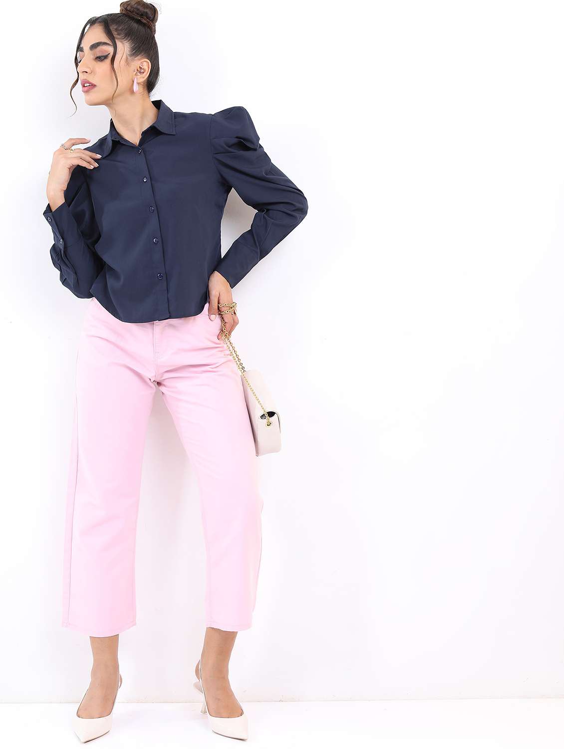 navy blue solid shirt top - 21376505 - Standard Image - 4
