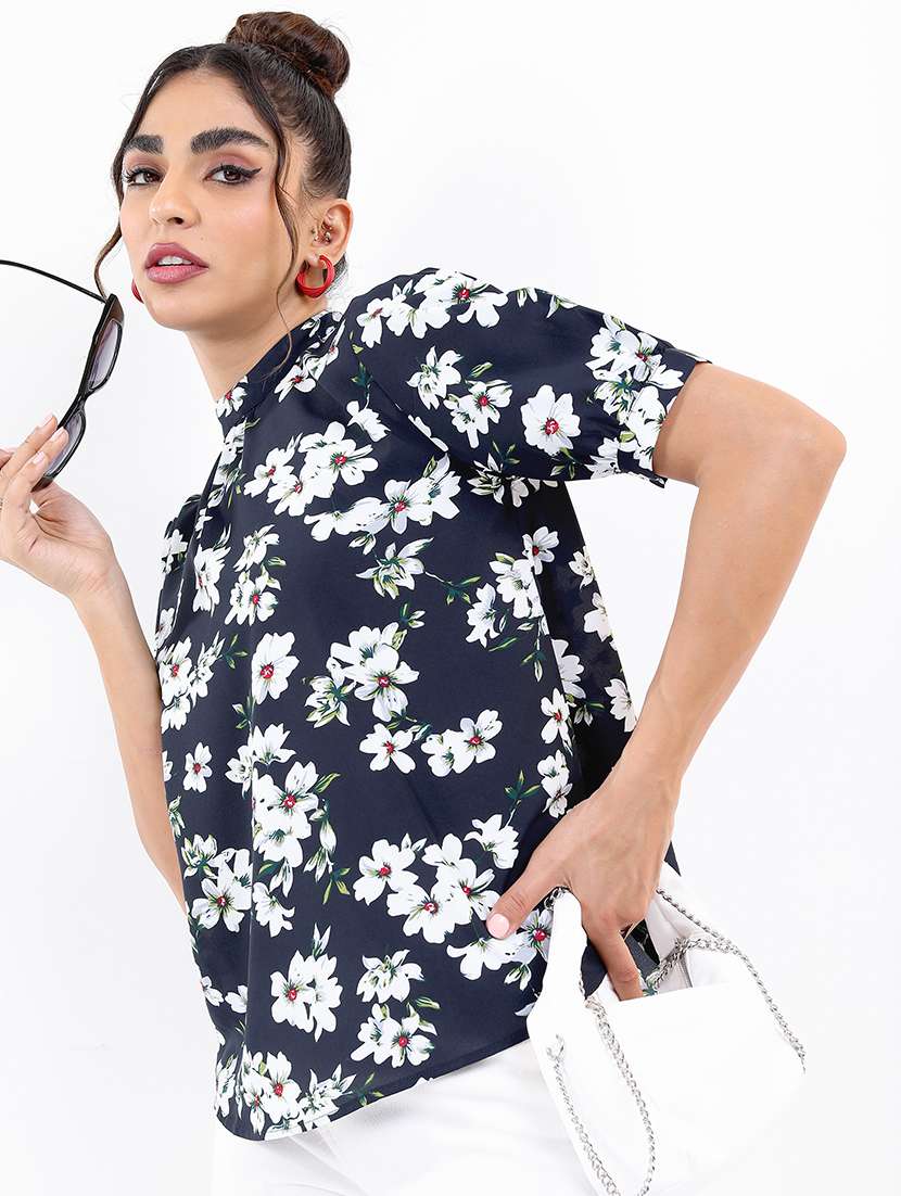 women navy blue cotton blend regular top - 21376509 - Standard Image - 1