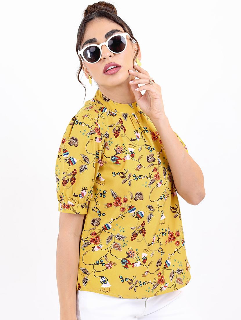 women yellow cotton blend regular top - 21376510 - Standard Image - 1