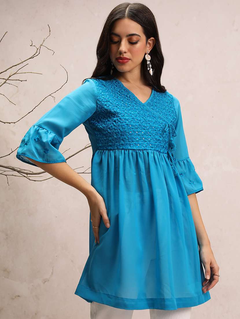 women blue cotton blend regular tunic - 21376529 -  Standard Image - 1