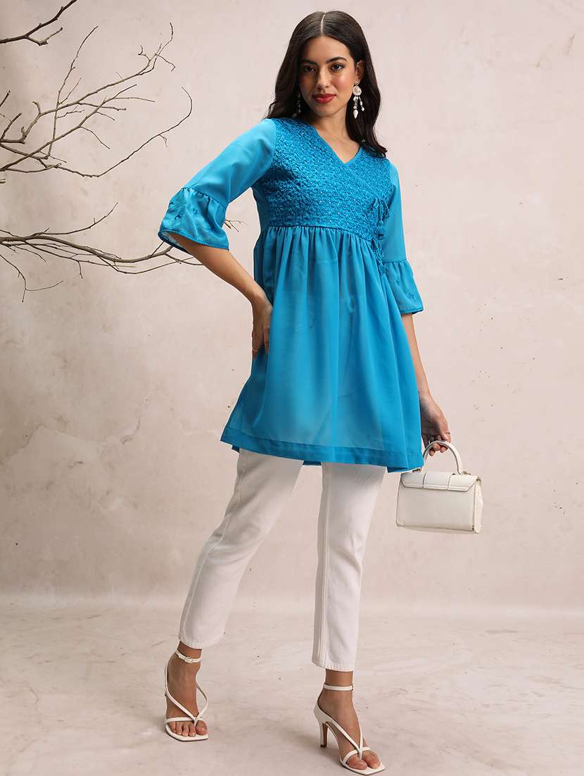women blue cotton blend regular tunic - 21376529 -  Standard Image - 4