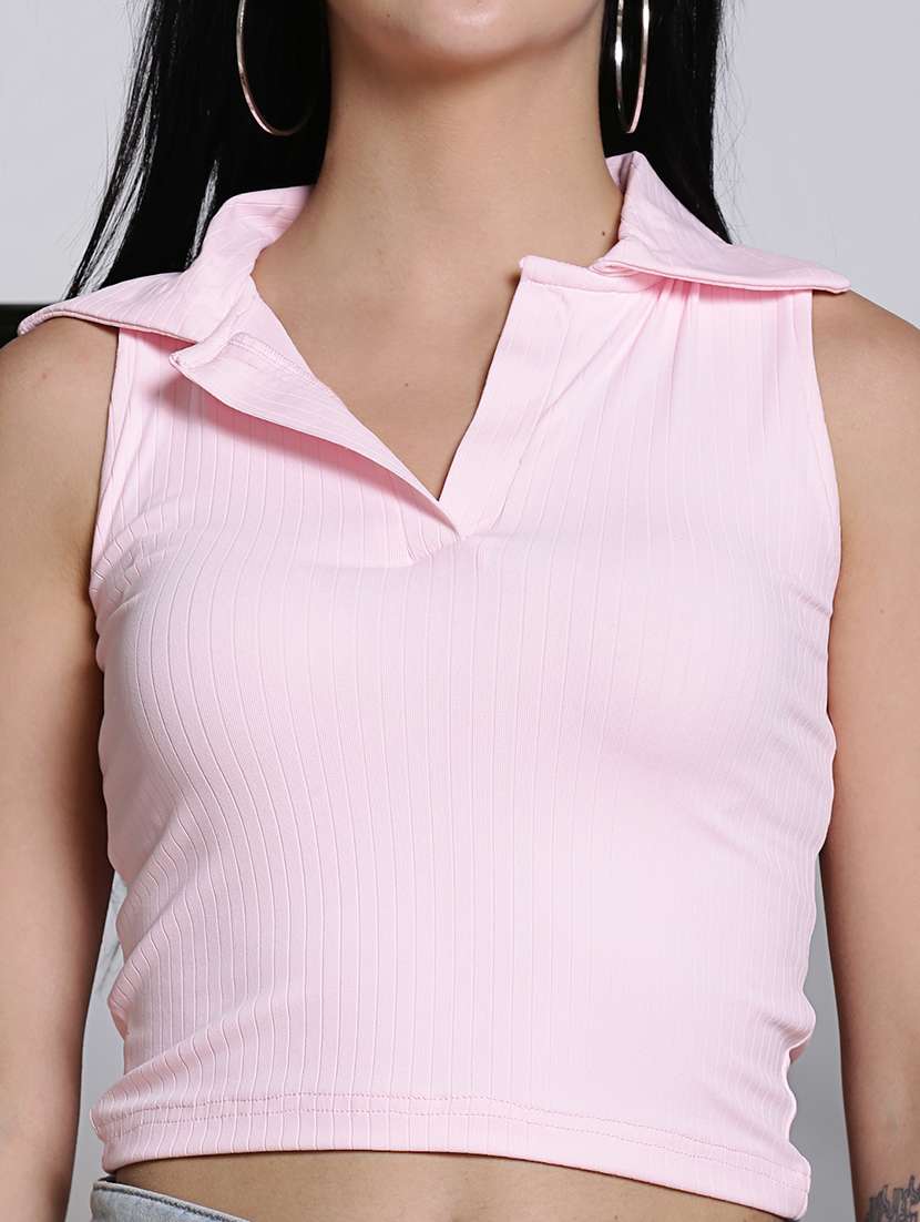 women solid sleeveless collared crop top - 21376544 -  Standard Image - 4