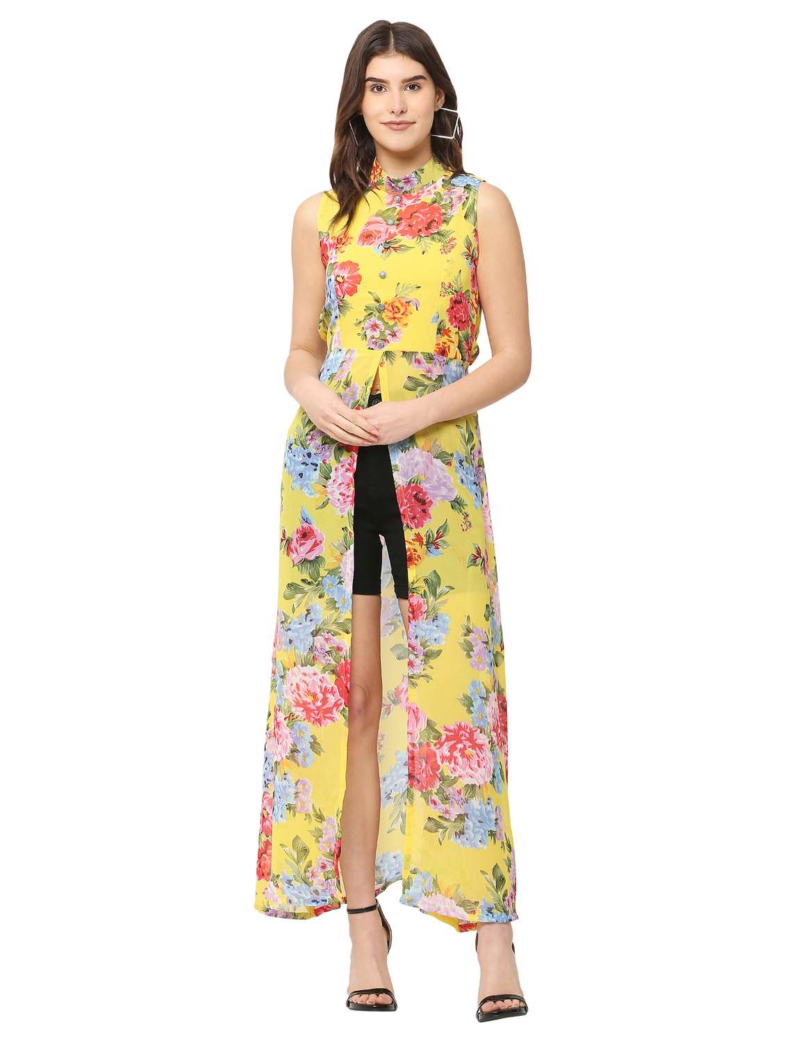 women yellow georgette a-line tunic