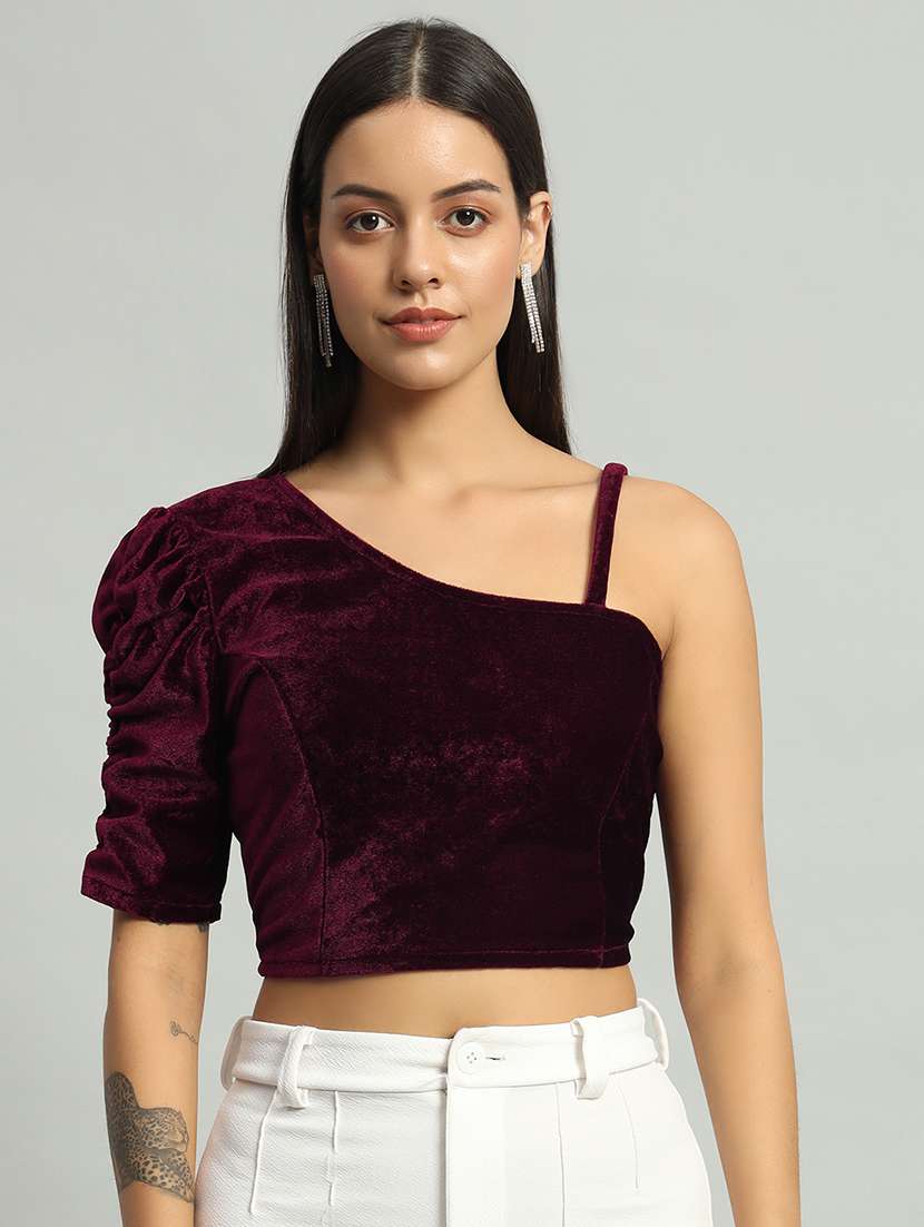 women burgundy solids crop top