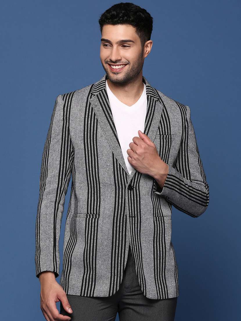 men long sleeved striped single breasted casual blazer