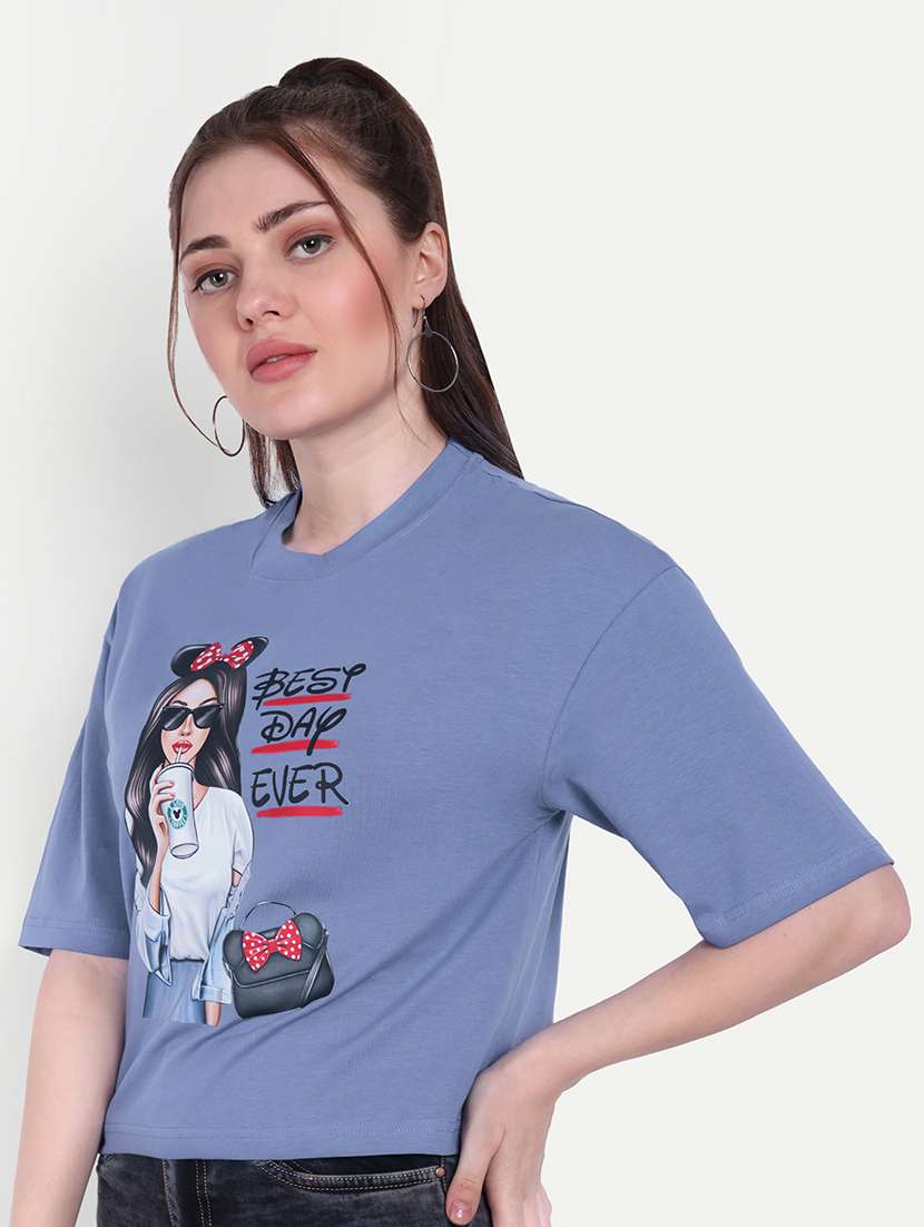 Women Round Neck Front Print Boxy T Shirt