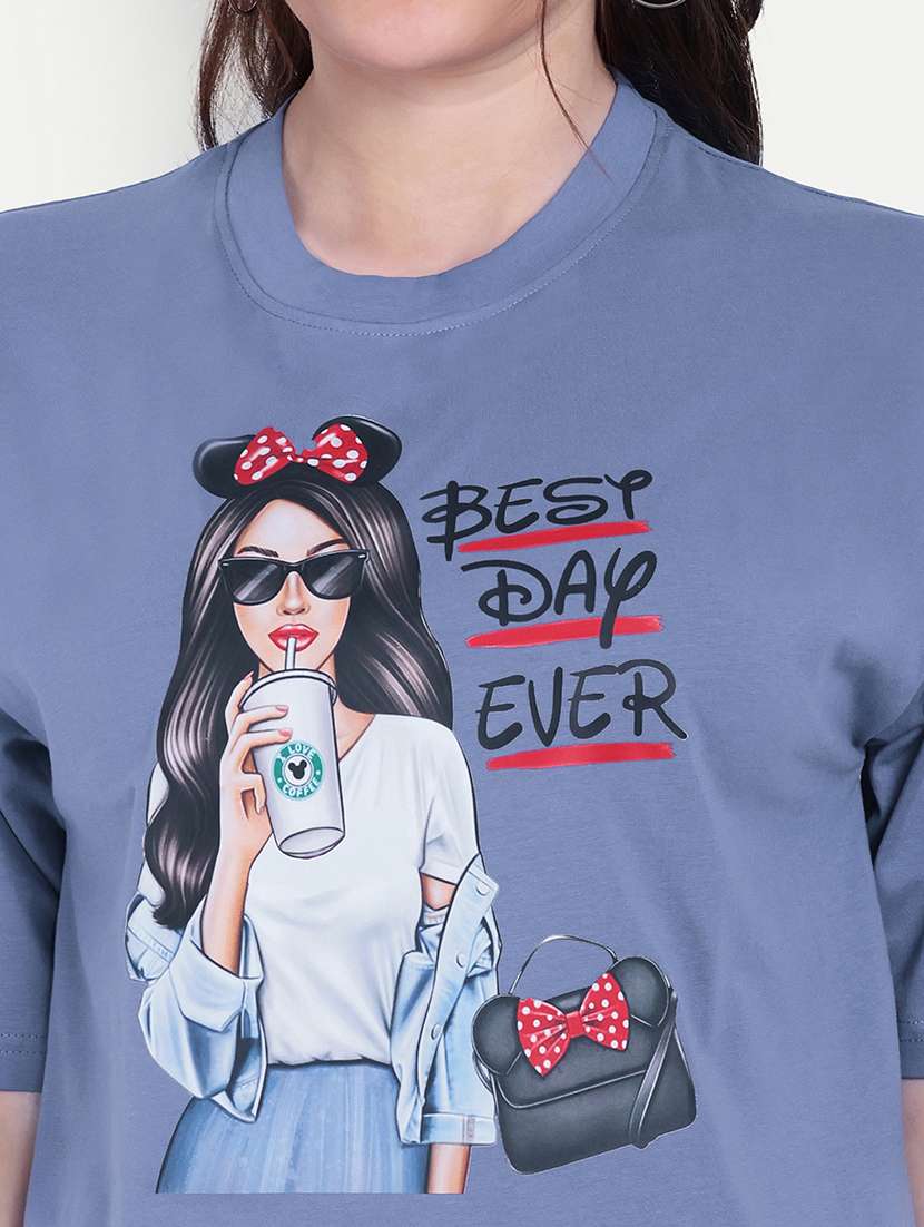 Women Round Neck Front Print Boxy T Shirt