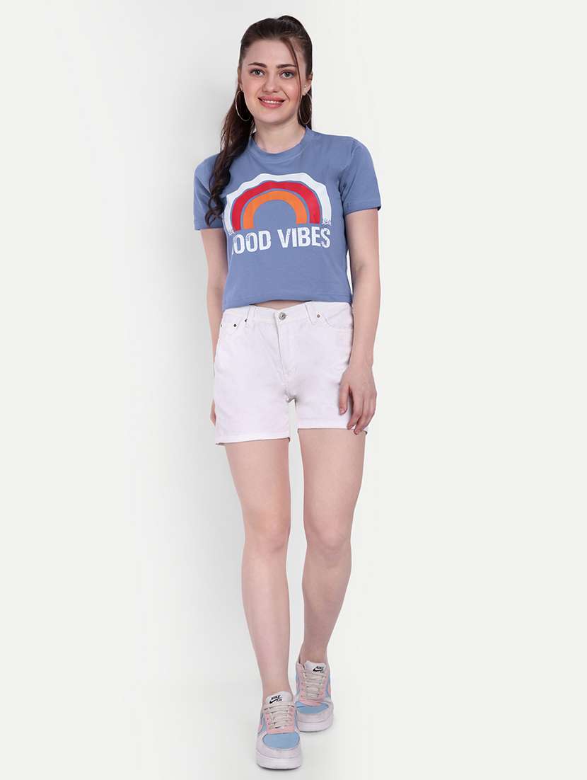 Women Round Neck Front Print Boxy T Shirt