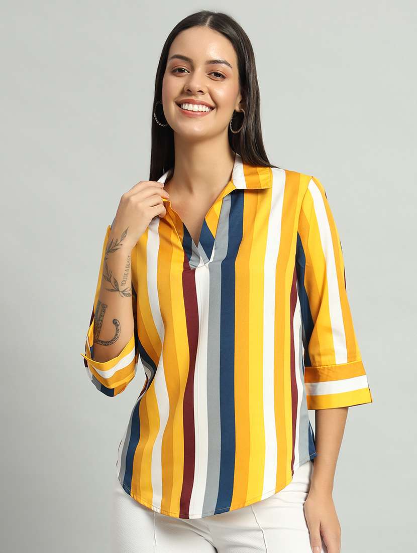 women striped collared shirt top