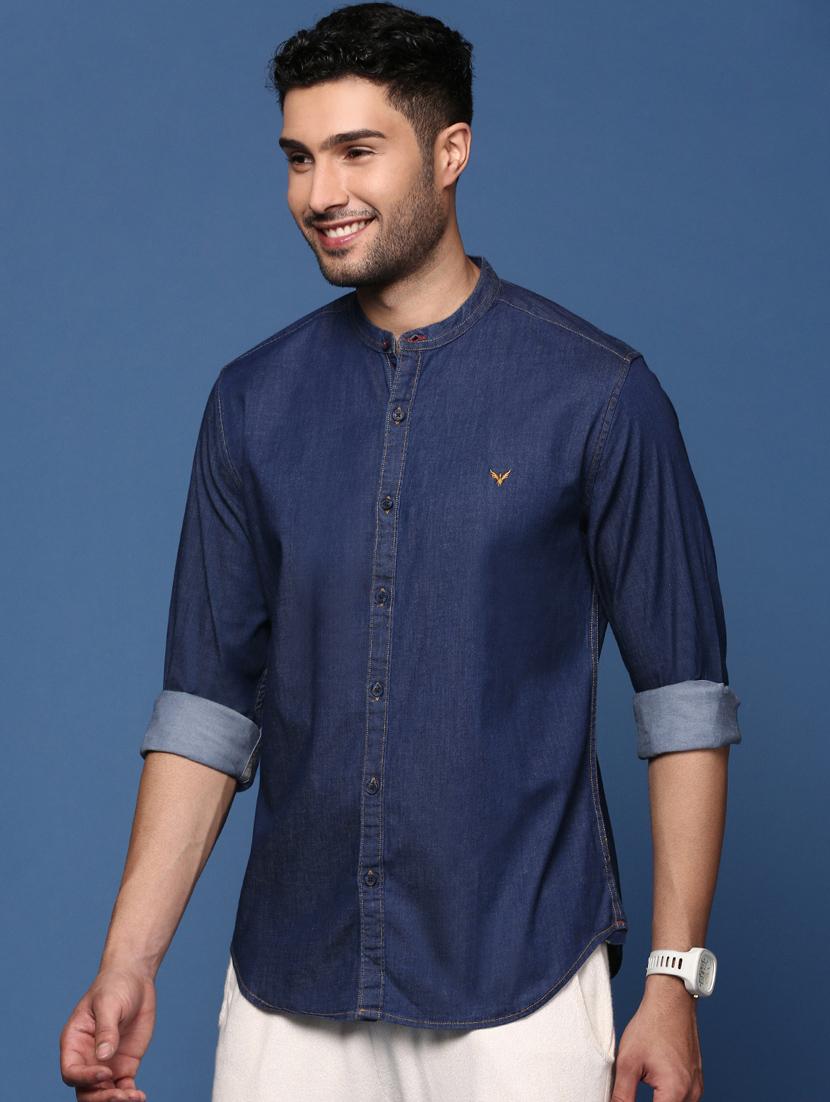 men navy blue regular fit denim casual shirt - 21378777 - Standard Image - 1