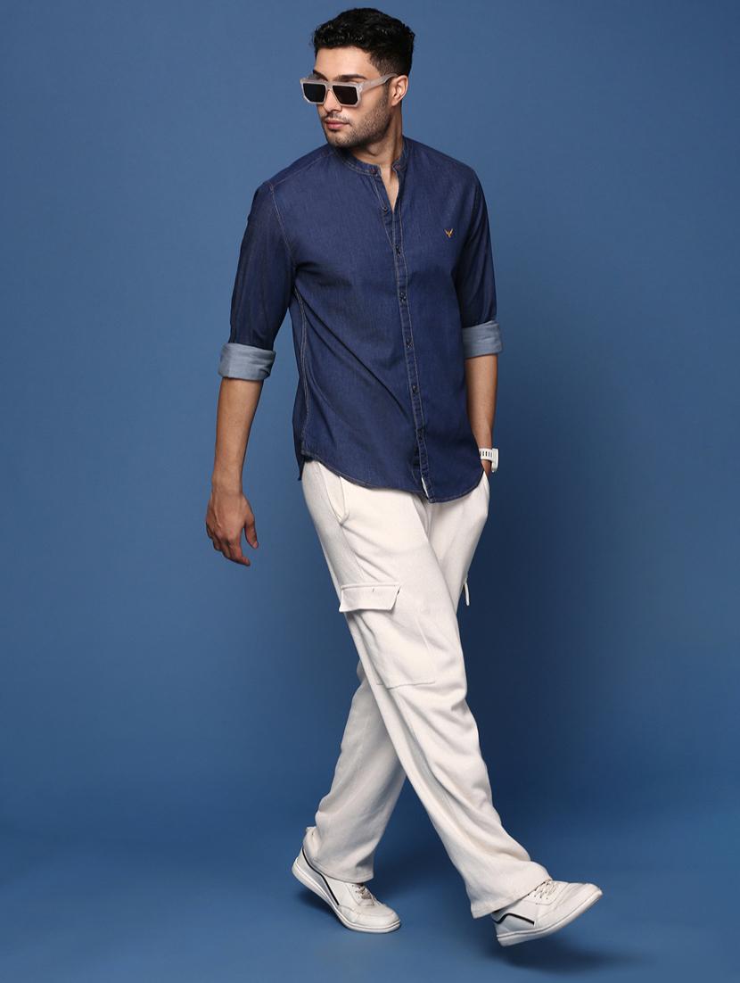 men navy blue regular fit denim casual shirt - 21378777 - Standard Image - 4