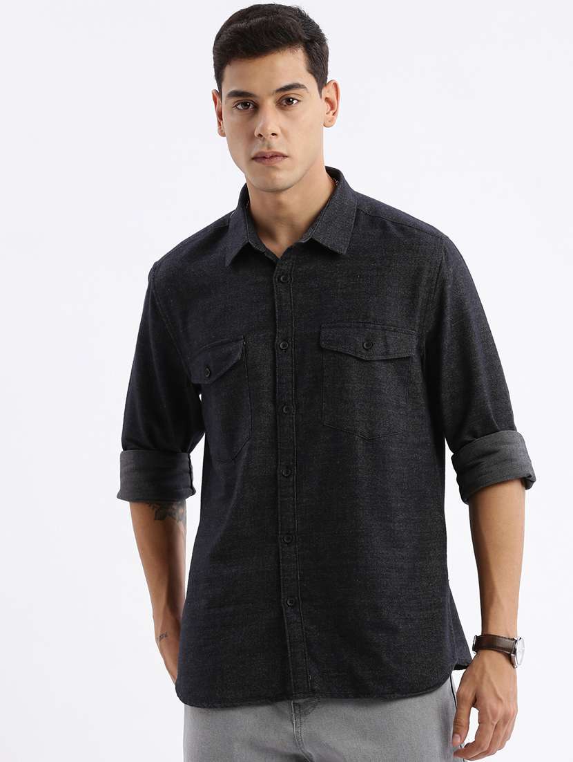 men solid long sleeve casual shirt with double pockets - 21378845 - Zoom Image - 0