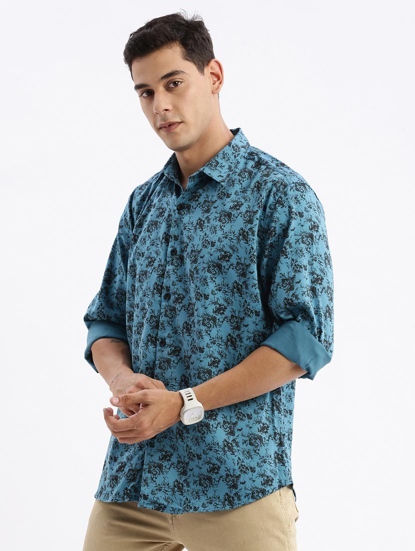 teal floral print cotton casual shirt - 21378896 - Standard Image - 1