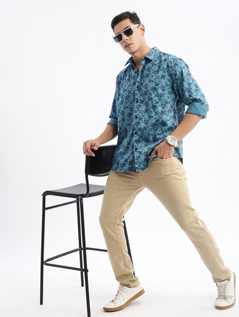 teal floral print cotton casual shirt - 21378896 - Standard Image - 4