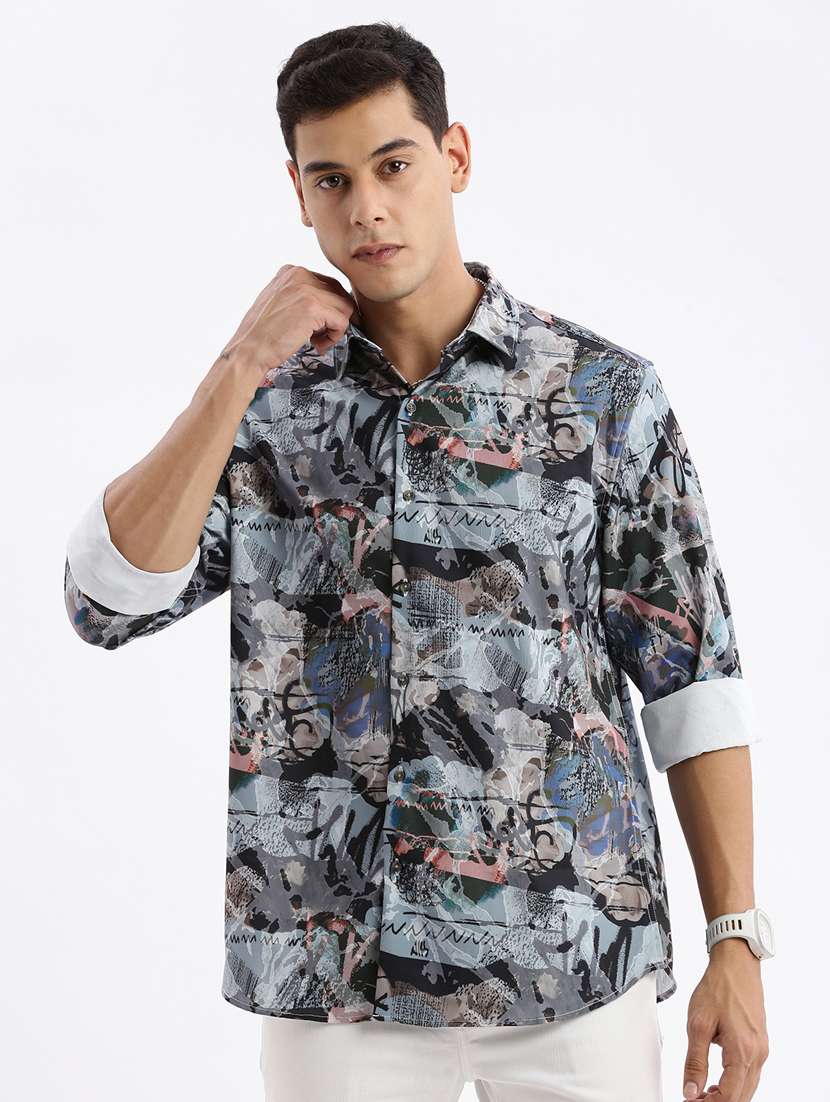 men long sleeved printed casual shirt
