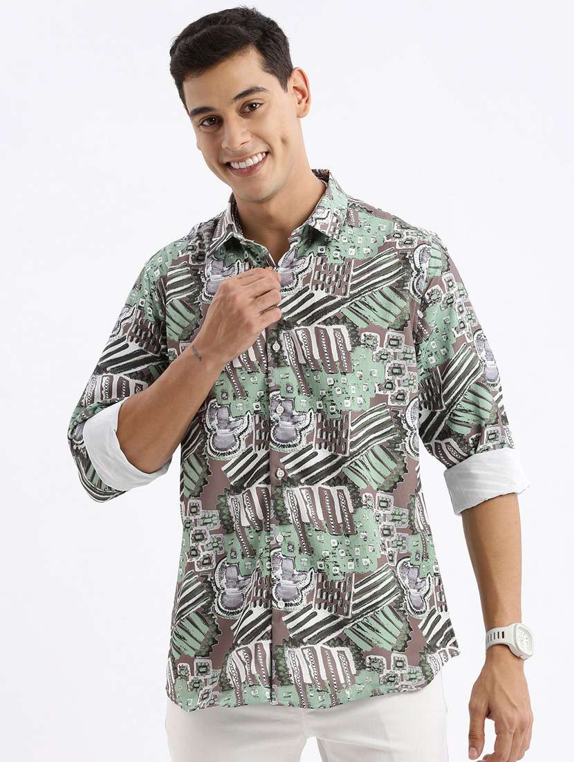 green printed crepe casual shirt - 21378908 -  Zoom Image - 0