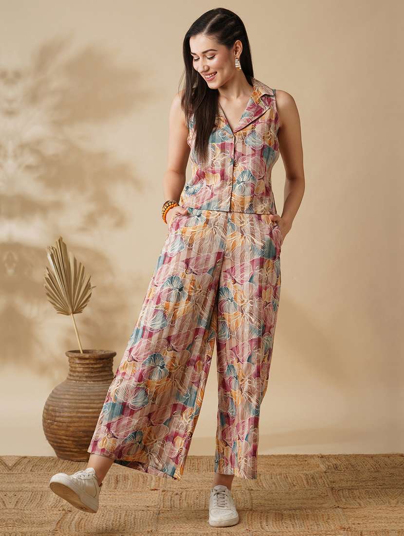 globus women multi color floral printed lapel collar shirt & palazzos fusion co-ord set