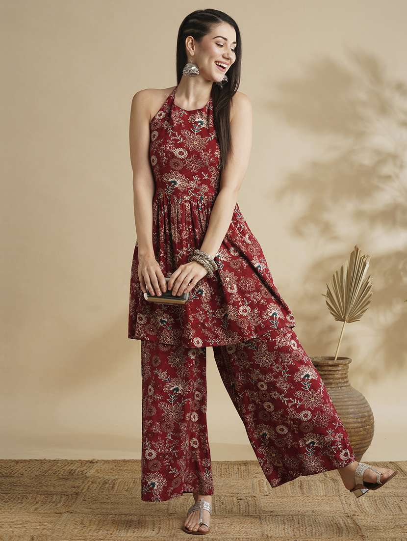 globus women maroon allover floral printed halter tie-up neck smoked tunic & palazzos fusion co-ord set