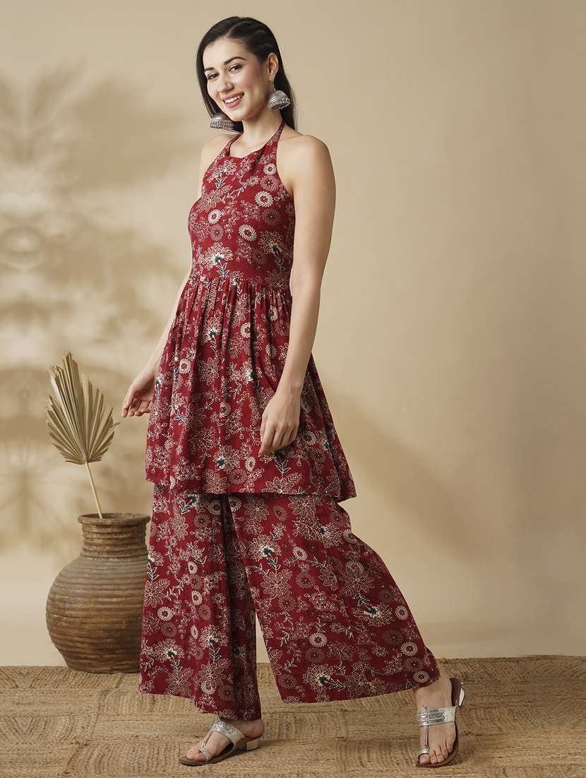 globus women maroon allover floral printed halter tie-up neck smoked tunic & palazzos fusion co-ord set - 21378934 - Standard Image - 1