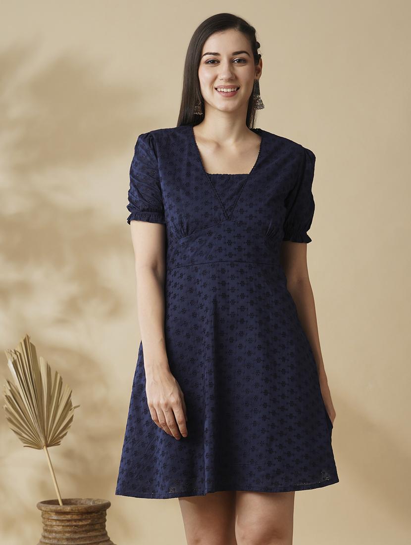 globus women navy blue self-design v-neck puff slevee flared hem ethnic dress