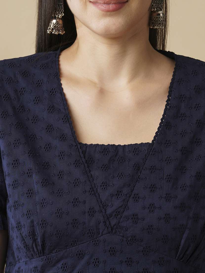 globus women navy blue self-design v-neck puff slevee flared hem ethnic dress - 21378935 -  Standard Image - 4