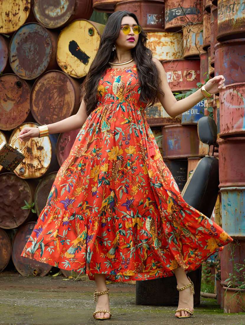 globus women orange all over floral print adjustable strappy sleeve waist tie-up fit & flare fusion maxi dress