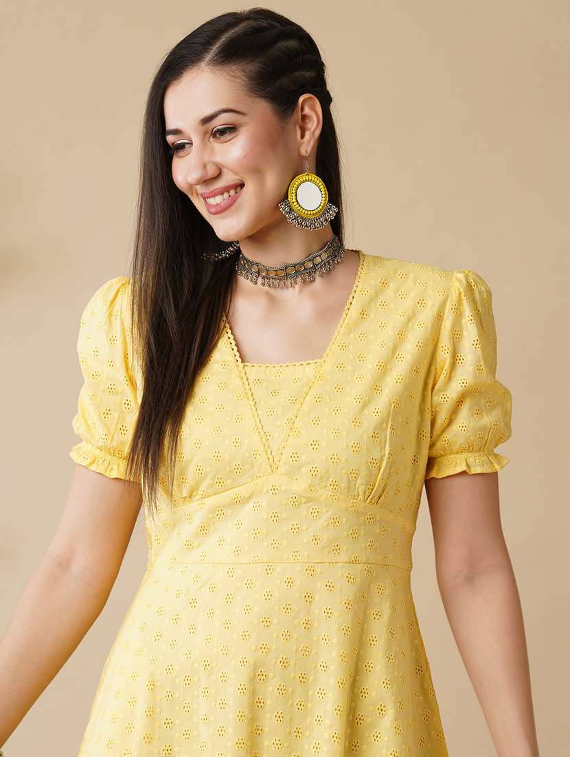 globus women yellow blue self-design v-neck puff sleeves flared hem a-line ethnic dress - 21378943 -  Standard Image - 4