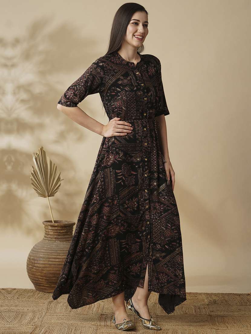 Buy online Globus Women Black Ethnic Print Mandarin Collar Waist