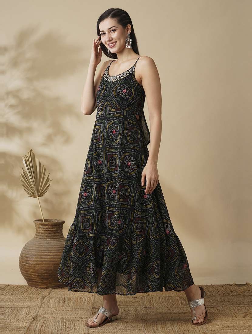 globus women black strappy shoulder bandhani print fit & flare dress maxi dress - 21378946 - Standard Image - 1
