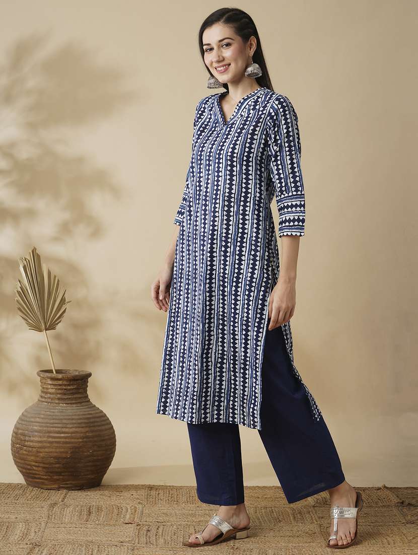 globus women blue allover geometric stripe printed straight workwear kurta & trouser set - 21378947 -  Standard Image - 1