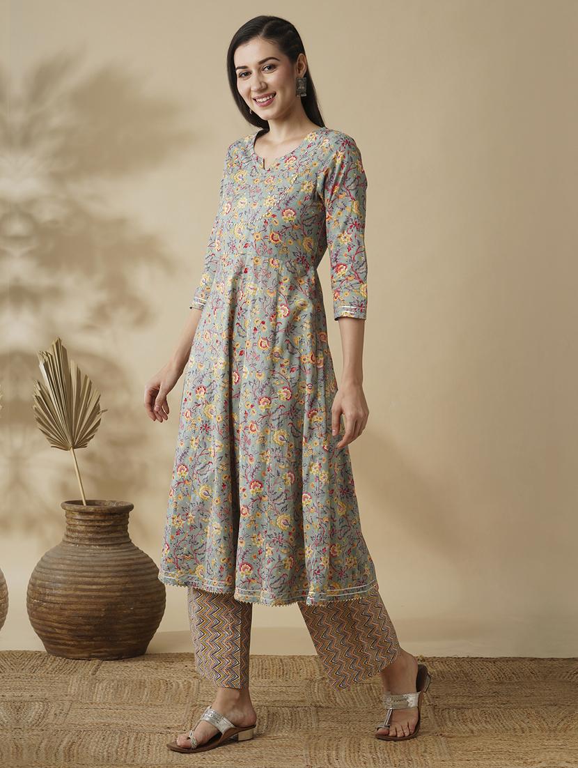 globus women green allover floral printed panelled a-line workwear kurta & printed trouser set - 21378952 - Standard Image - 1