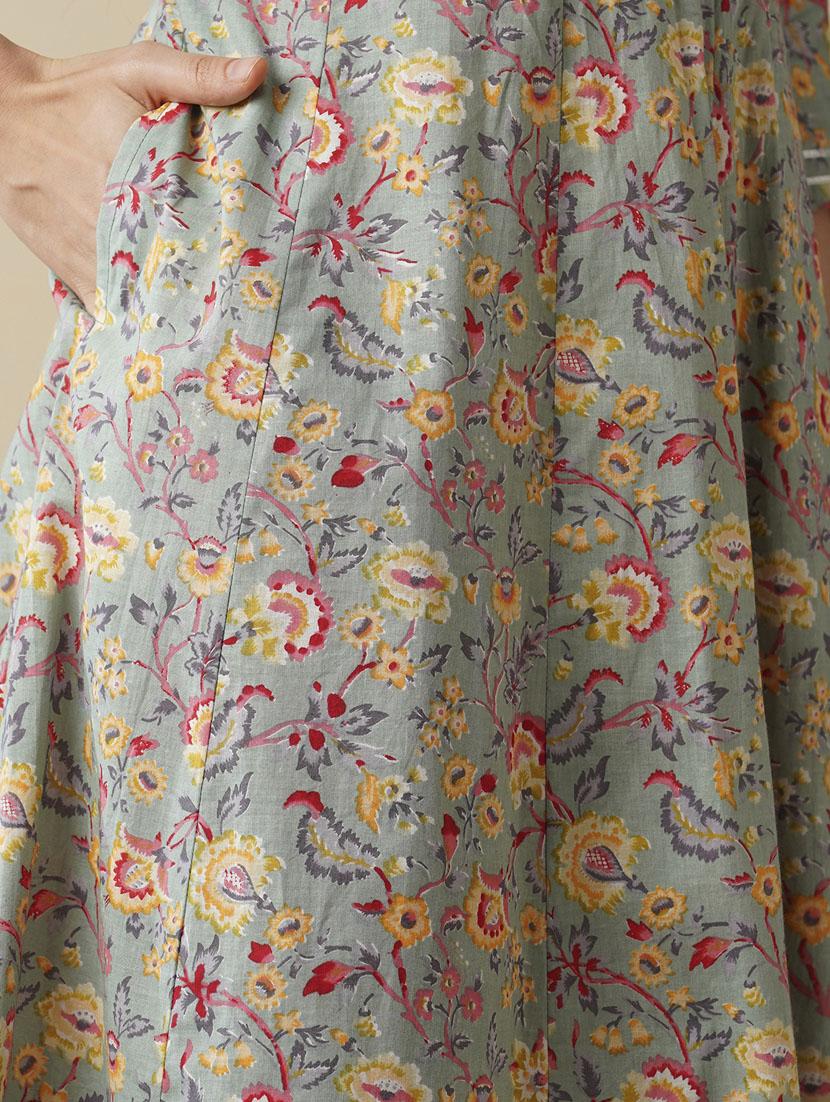 globus women green allover floral printed panelled a-line workwear kurta & printed trouser set - 21378952 - Standard Image - 4