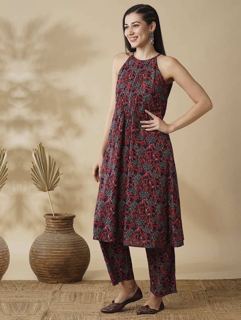 globus women blue floral printed halter neck flared hem a-line workwear kurta & trouser set - 21378956 -  Standard Image - 1
